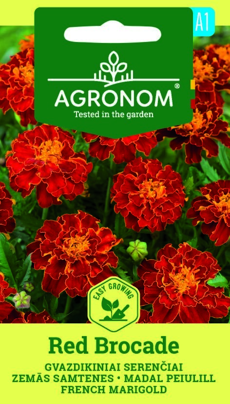 Förpackning med ringblomma, Red Brocade-frön med bilder av röda och gula ringblommor.