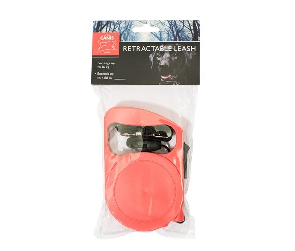 Upprullningsbart koppel i transparent förpackning med etikett föreställande en svart hund och produktinformation.