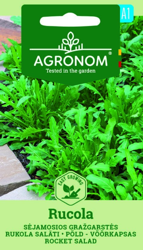 Rocket Salad Rucola fröförpackning med gröna blad och trädgårdsetiketter.