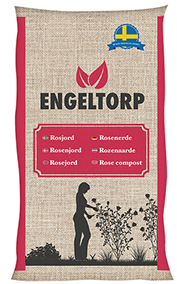 ROSJORD 50 LITER roskompost med kvinna som sköter rosor, svensk sigill på toppen.