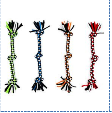 Four T-Shirt Rep 3 Knutar 30cm hundleksaker i rep i grönt, blått, orange och rött på vit bakgrund.