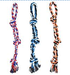 Tre 3 Knots Heavy Chewing Rope Toys för hundar, placerade vertikalt sida vid sida.