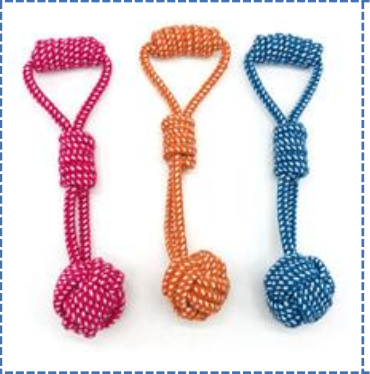 Tre hundleksaker Handy Ring With Ball 27CM i färgerna rosa, orange och blå, alla med ett handtag i form av en ögla.