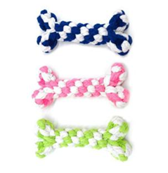 Trefärgade Rope Bone Toys 15cm i blått, rosa och grönt för din hund.