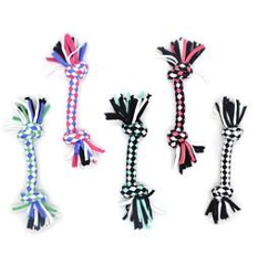 Fem stycken T-Shirt Rope 2 Knots 20cm hundleksaker i olika färger mot en vit bakgrund.