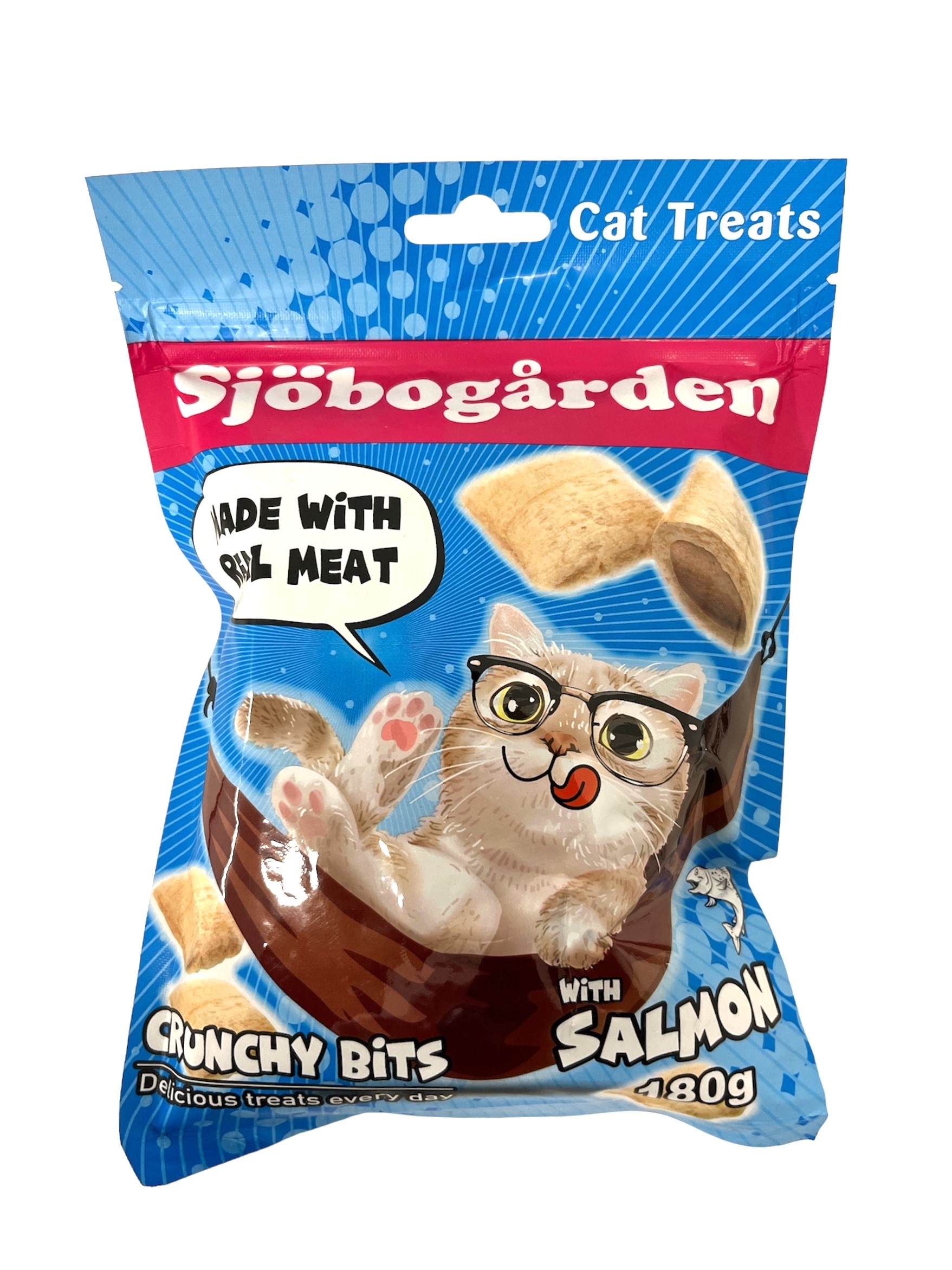 En blå påse med Crunchy Bits with Salmon 180g med en tecknad katt och laxbitar.