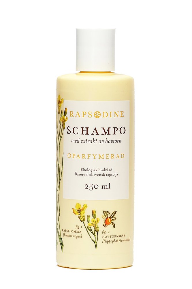 Gul flaska Schampo Oparfymerad 250 ml med blommönster och svensk text.