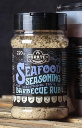 En burk Seafood Seasoning 220g på en träyta.