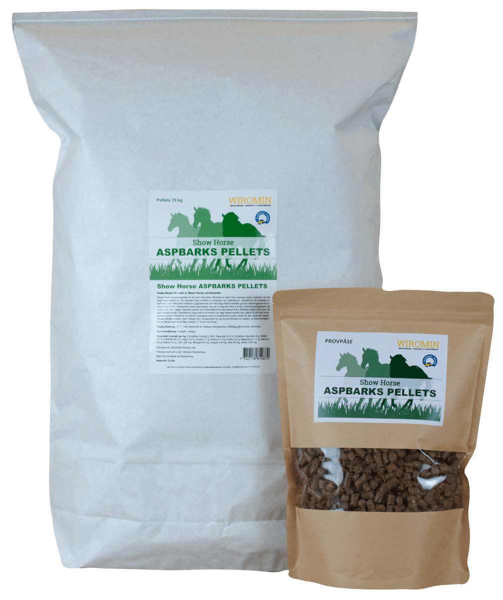 Två påsar Show Horse Aspbarkspellets 15kg, en stor vit och en mindre brun.