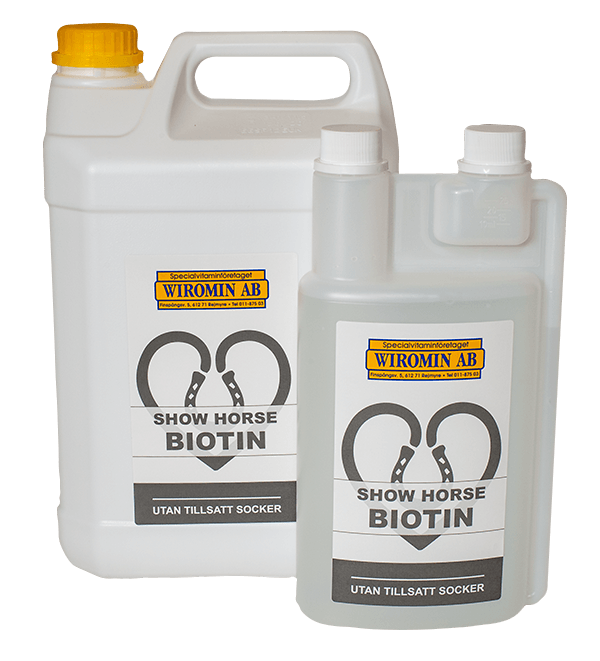 En stor och en liten flaska Show Horse Biotin 1L med svenska etiketter.