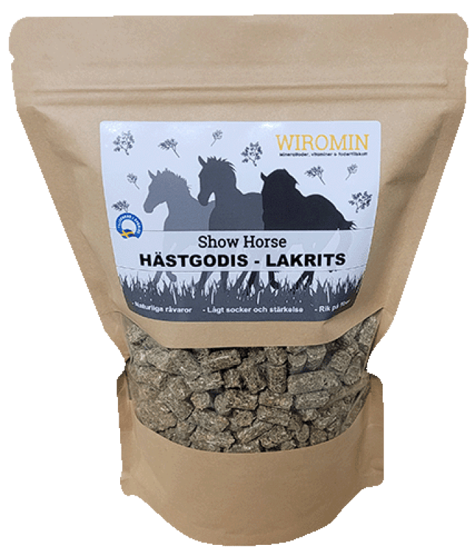 En brun påse med Show Horse Hästgodis Lakrits 1,5 kg med hästsilhuetter på etiketten.