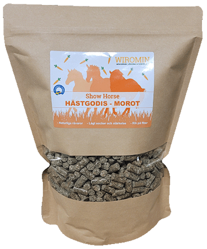 Brun påse med Show Horse Hästgodis Morot 1,5 kg godis med hästsilhuetter på etiketten.