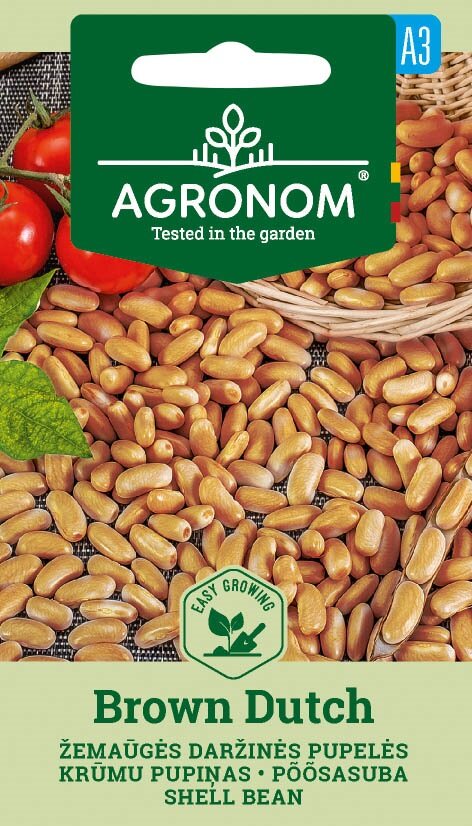 Förpackning med Shell Bean Brown Dutch-frön, med bönor och tomater i bakgrunden.