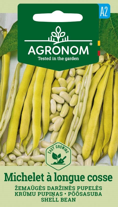 Skalböna Michelet á Longue cosse-skida med gröna blad på Agronom-fröförpackning.