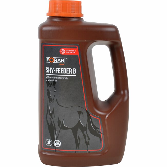 Brun flaska med Shy feeder 2,5L, ett flytande B-vitamintillskott för hästar.