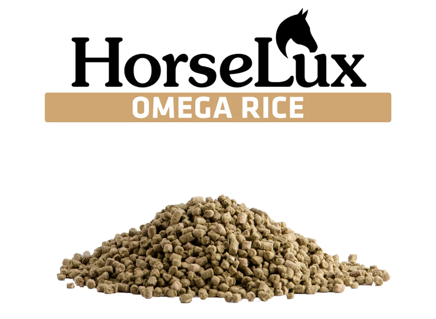 HorseLux Omega Rice, 15 kg hästfoderpellets staplade under produktlogotypen på vit bakgrund.