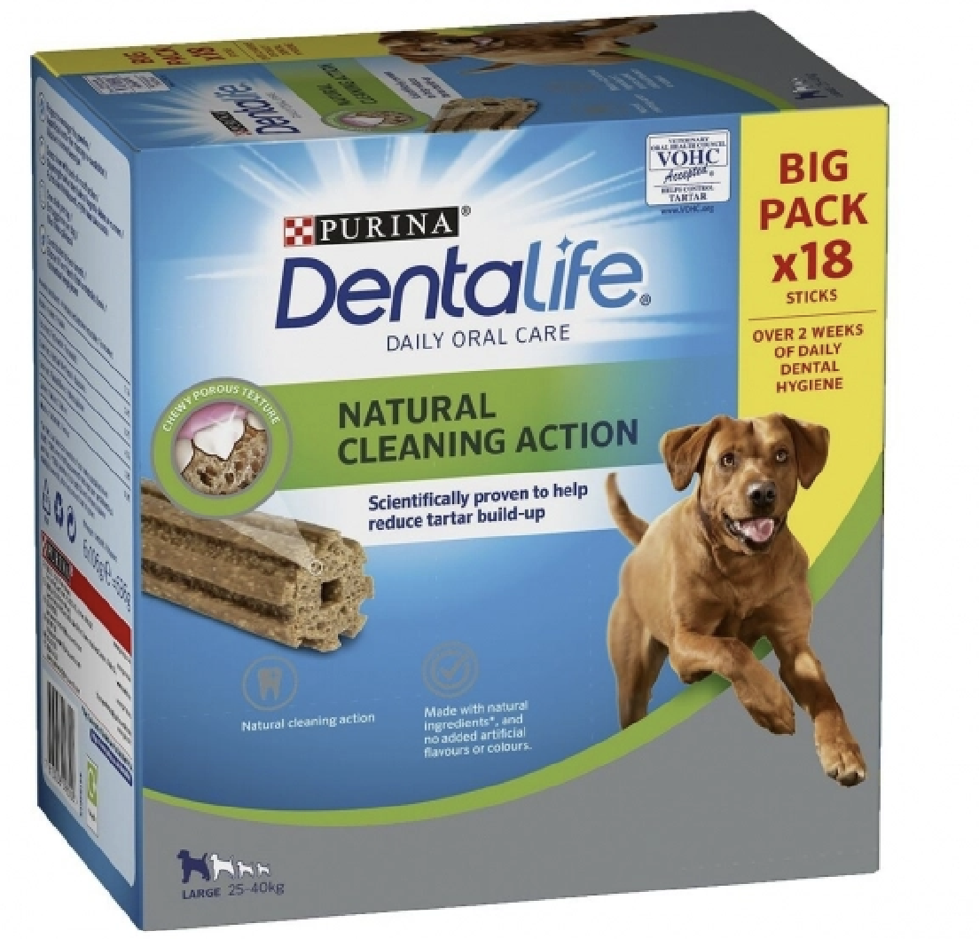 Låda med DentaLife Large x18 6x106g hundgodis med löpande hund och produktdetaljer visas.