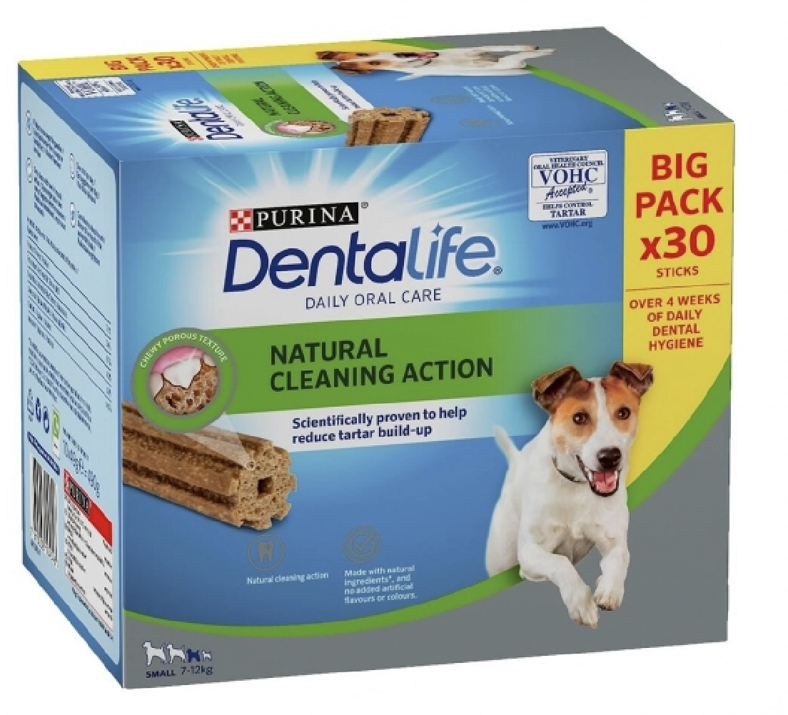 DentaLife liten x30 10x49g ask med en glad hund och produktinformation på framsidan.