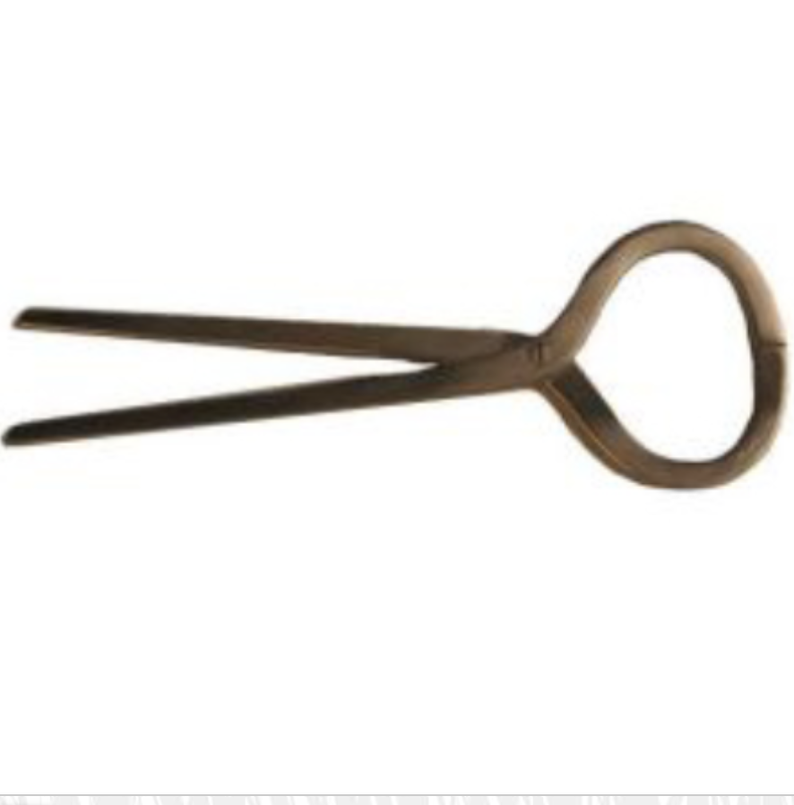 VISITERINGSTÅNG: Bronsfärgad metalltång med två spetsar och runt handtag.