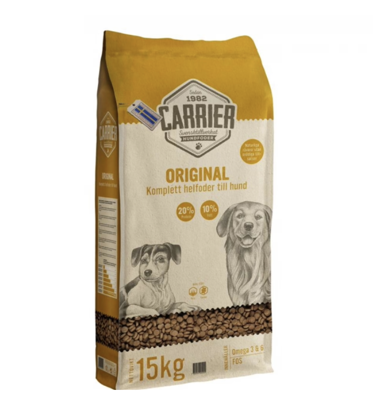 Gul och vit Carrier original 15 kg hundmatspåse med två hundar avbildade på framsidan.