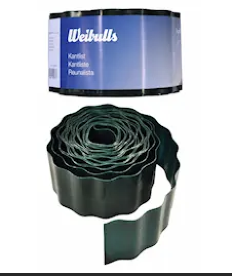 En 15 cm x 9 m mörkgrön trädgårdskant med en blå Weibulls-etikett.