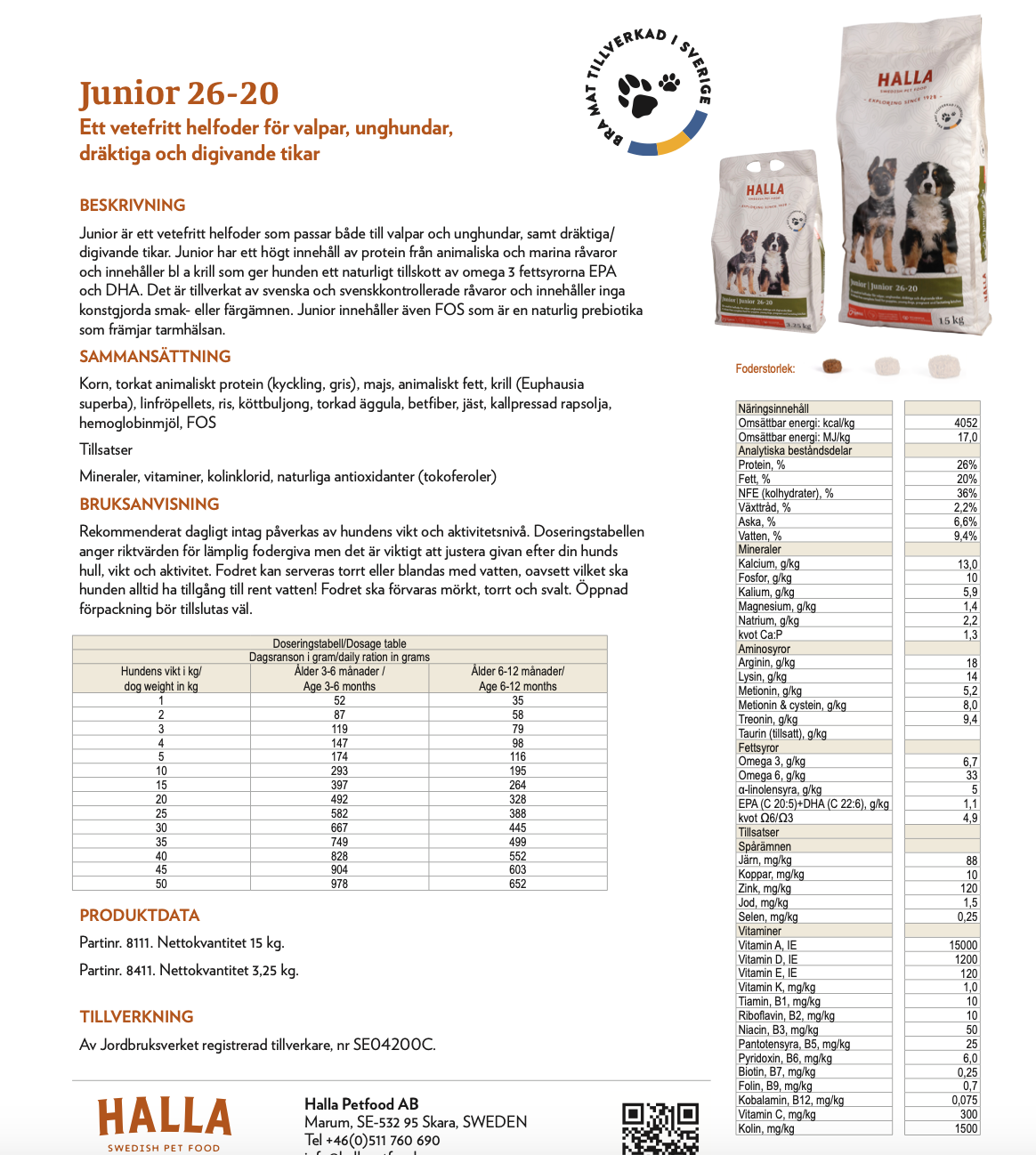 Produktblad för hundmat på svenska med bilder av två påsar med hundar i olika storlekar.