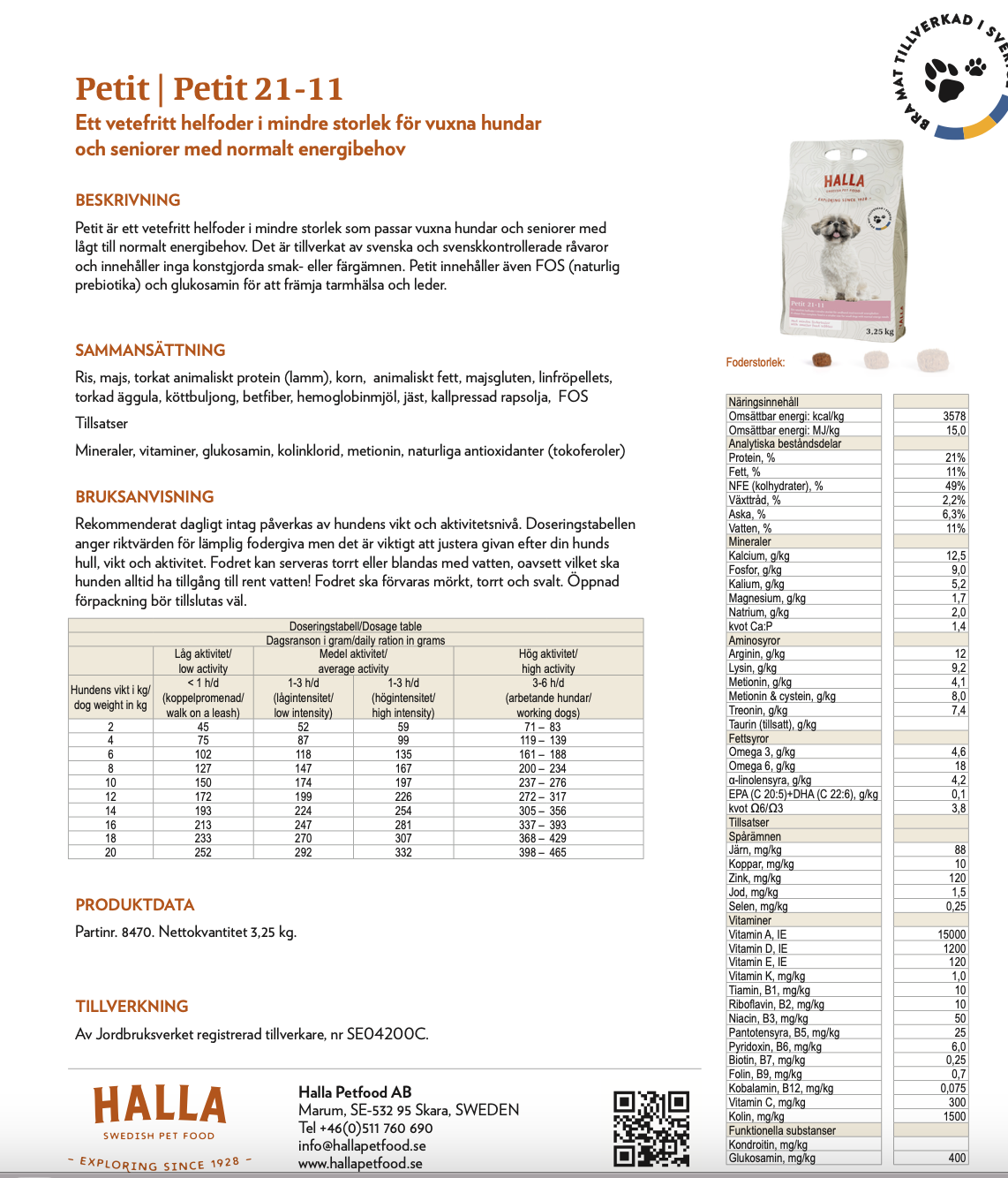 Produktblad för hundfoder med ingredienser, näringsinformation och utfodringsinstruktioner på svenska.