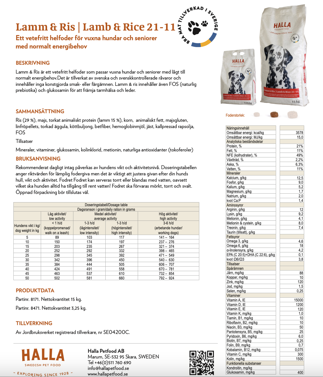 Två påsar Halla Lamb & Rice hundfoder med produktinformation och näringsinformation.