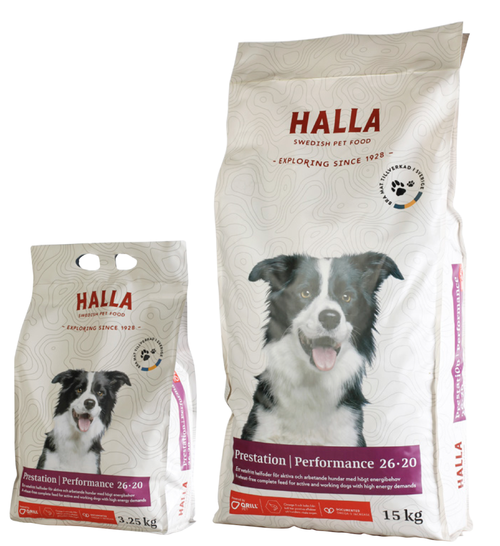 Två påsar med hundmat från Halla med en Border Collie-bild på framsidan.