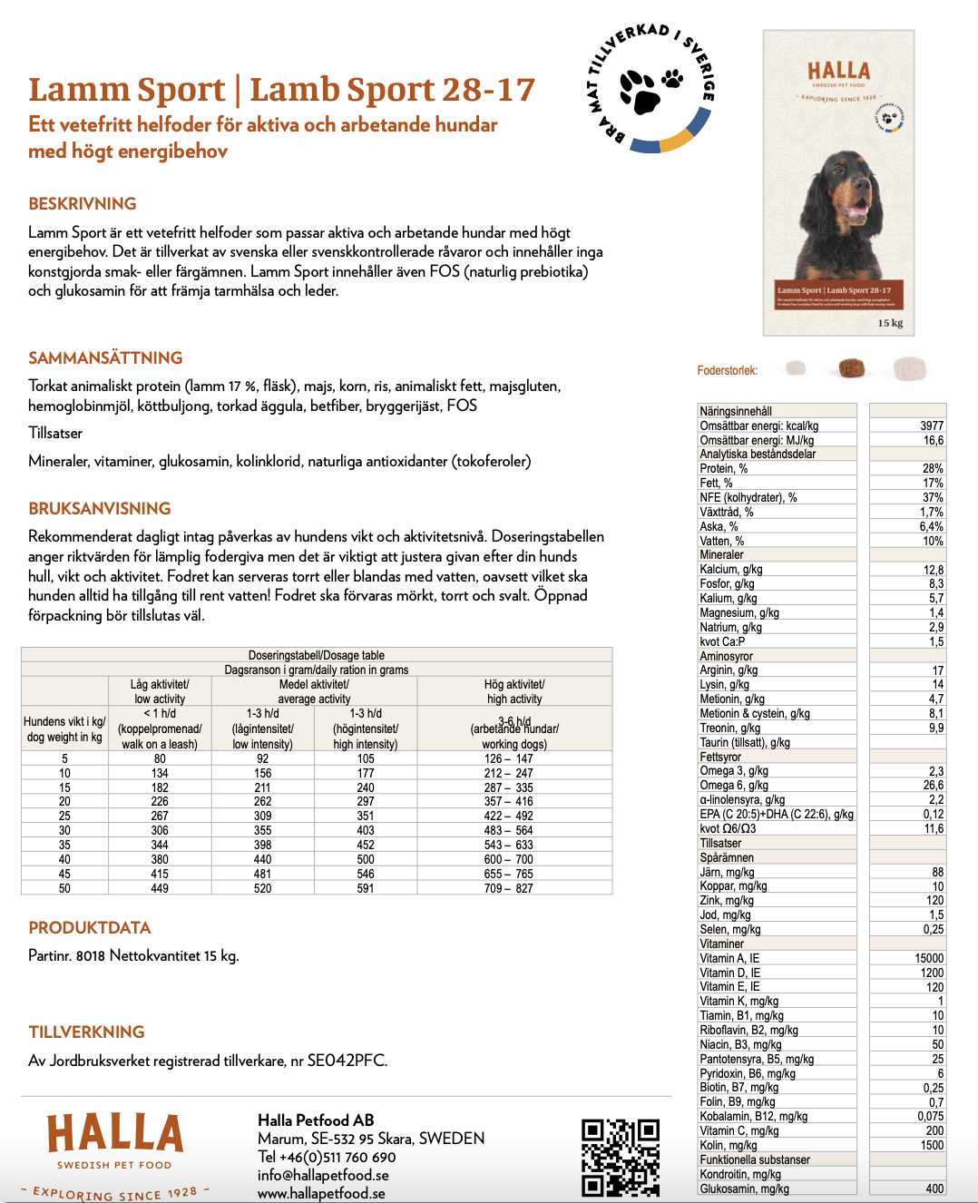 Påse med Halla Lamb Sport hundfoder med näringsfakta och ingredienser på svenska.