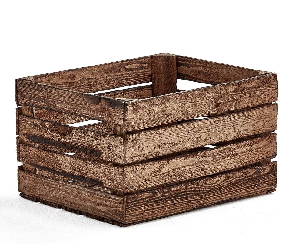 Beg Trälåda 1:en klass-rustik trälåda med spjälade sidor och naturfärgad yta.