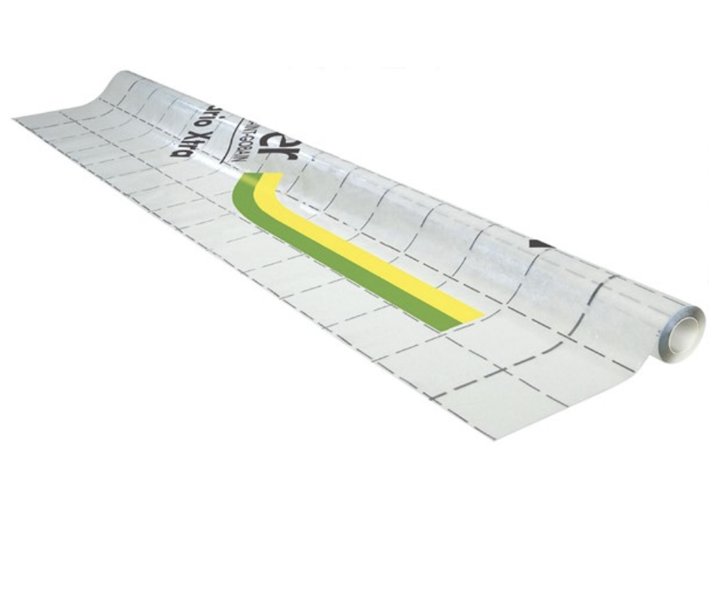 FOLIE VARIO XTRA 1500X40000MM: Vit membranrulle med svarta rasterlinjer och färgade ränder.