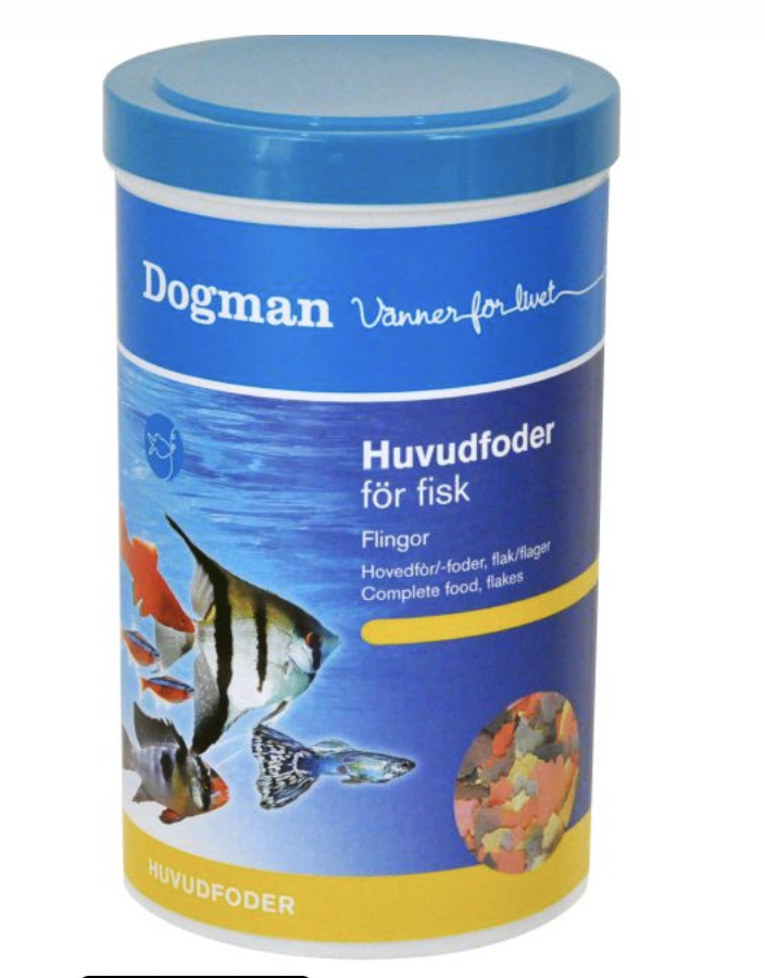 Blå behållare med Huvudfoder fisk 1000ml med färgglada fiskbilder på etiketten.