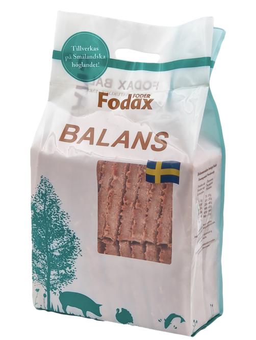 Fodax Balans 10kg djurfoder med djursilhuetter och en svensk flagga på förpackningen.