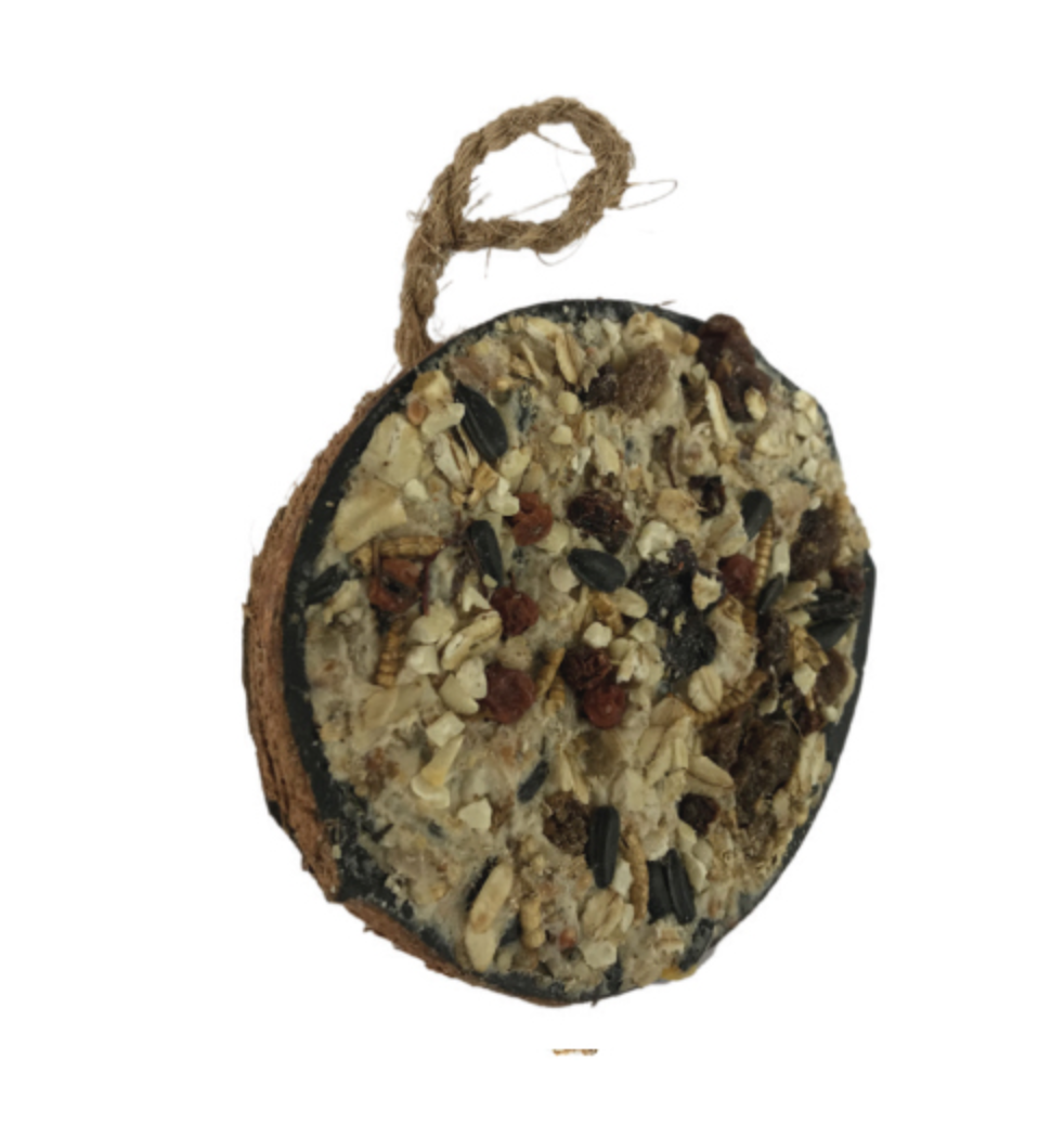 HOBBY FIRST HALV KOKOSNÖT GRANOLA ca. 250g: fågelgodis i form av en halv kokosnöt med blandade frön för upphängning.