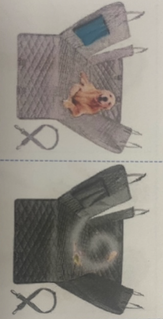 Överst: Hund som sitter på en bilbarnstol; Nederst: Rent bilsäte med virveleffekt.