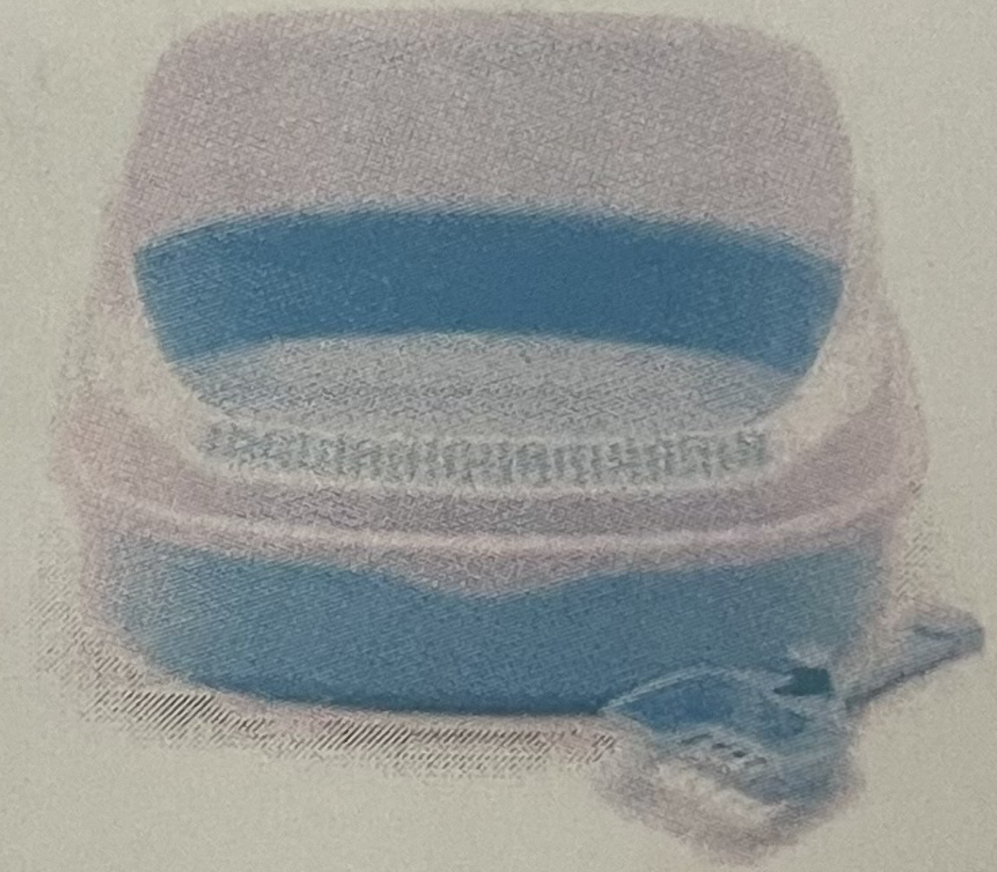 Blå och vit "Katt toalett med spade" kattlåda med skopa framtill.