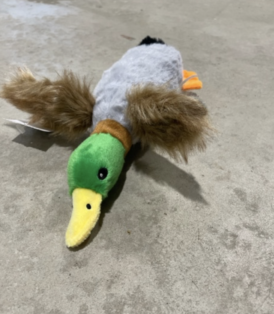 Vild anka 28 cm plyschdjur med grönt huvud, gul näbb och bruna vingar på betonggolv.