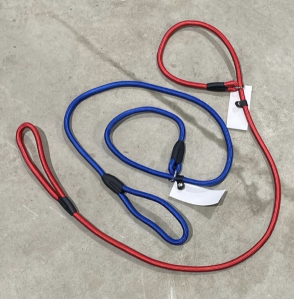 Två Retriverkoppel 140 cm koppel, ett rött och ett blått, ligger på en betongyta.