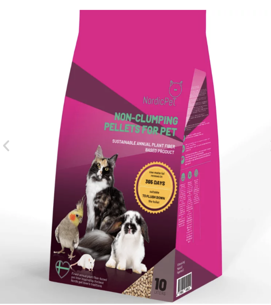 Rosa påse med Nordic Pet non-clumping pellets, föreställande en fågel, katt, kanin och marsvin.