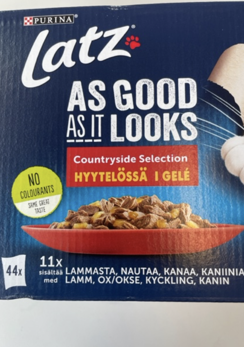 En låda med Latz 44x85g countryside kattmat med flerspråkig text på förpackningen.