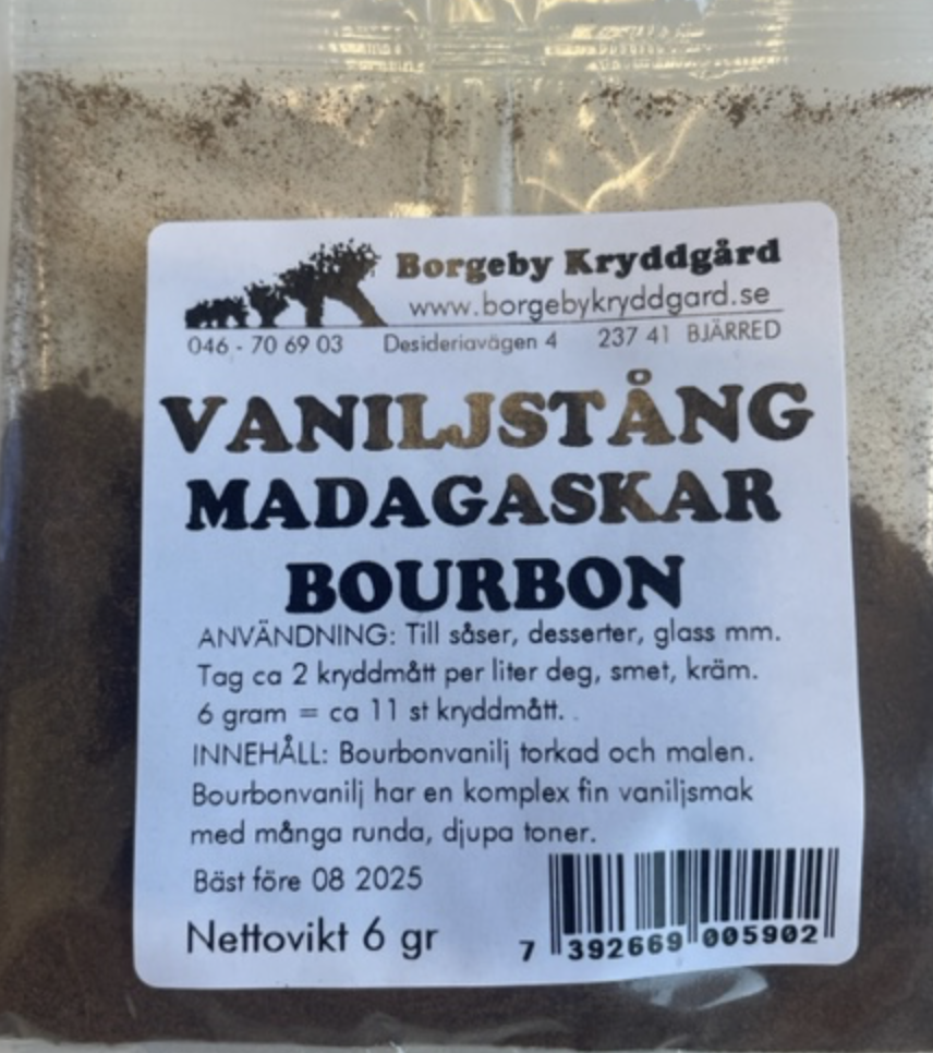En 6g-förpackning med VANILJSTÅNG MADAGASKAR BOURBON MALEN med svensk text och streckkod.