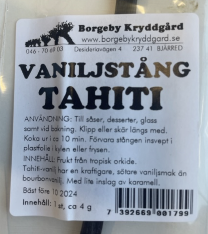 Etikett för VANILJSTÅNG HEL TAHITI 1 stång/förp ca 3-4 g med info och användning på svenska.