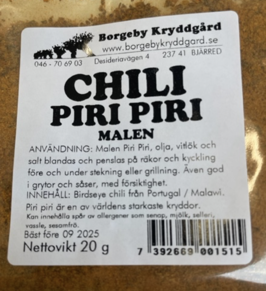 CHILI PIRI PIRI MALEN (20 G) från Borgeby Kryddgård, svensktextad förpackning.
