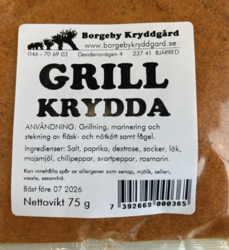En 75g förpackning av GRILLKRYDDA "ORIGINAL" kryddblandning från Borgeby Kryddegård.