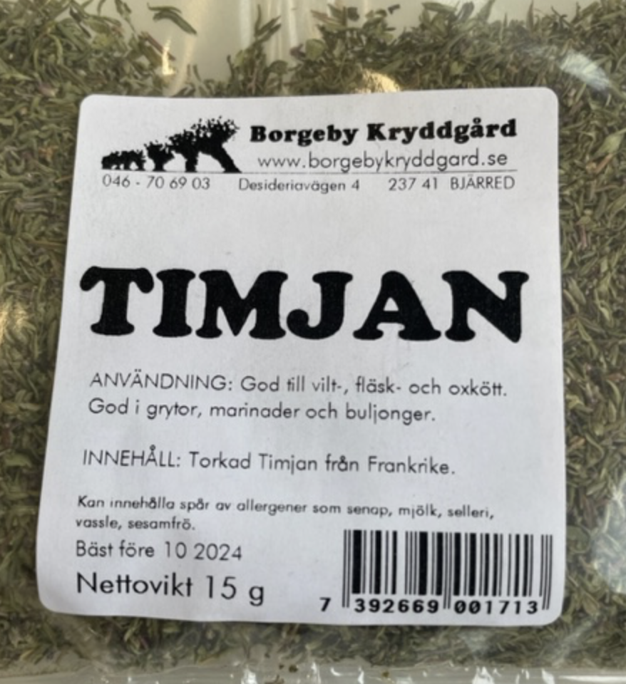 Ett 15 g paket TIMJAN torkad timjan.