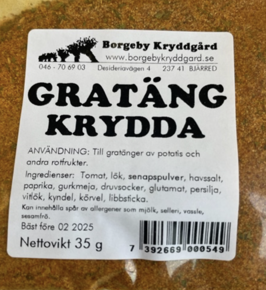 Svensk etikett för GRATÄNGKRYDDA (35 G) med innehållsförteckning och bruksanvisning.