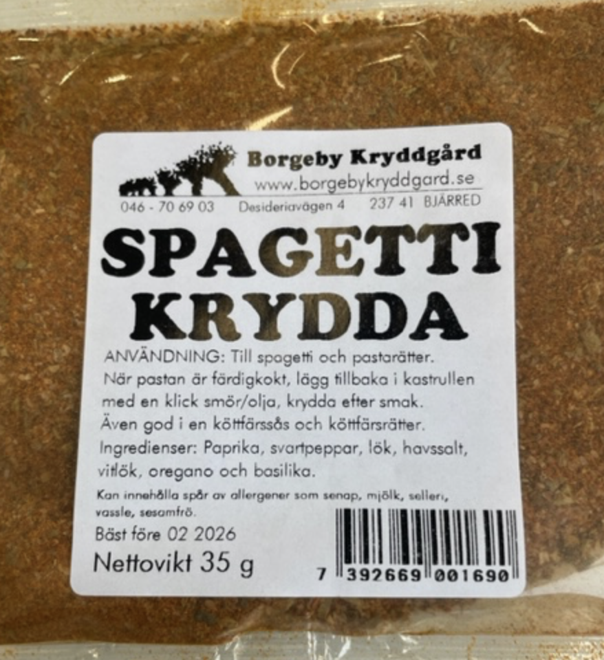 Ett 35 g paket med spaghettikrydda märkt SPAGETTIKRYDDA.