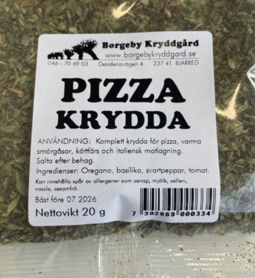 PIZZAKRYDDA (20 G) kryddor med svenska ingredienser och bruksanvisning.