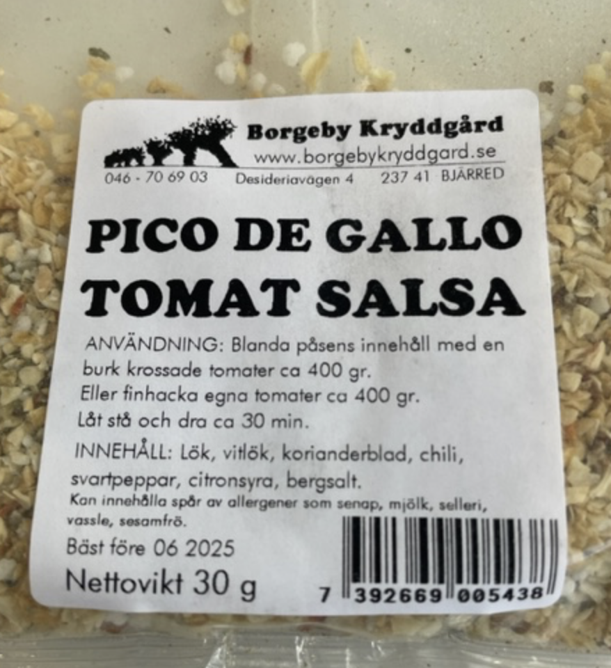 PICO DE GALLO - KRYDDMIX FÖR TOMATSALSA (30 G) med ingrediens- och användningsinstruktioner på svenska.